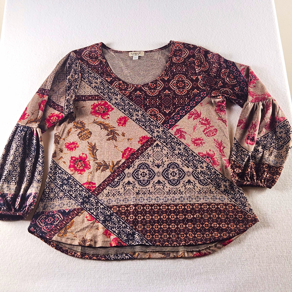 One World Multicolor Floral Patchwork Knit Scoop Neck Puff Sleeve Top Womens L